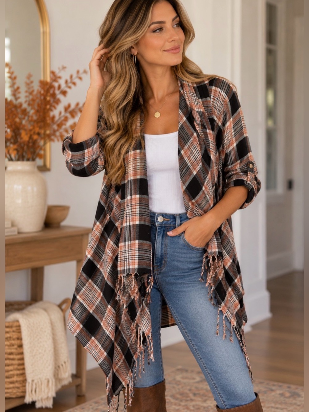 Billabong Plaid Waterfall Fringe Cardigan Jacket Black Rust Brown Small